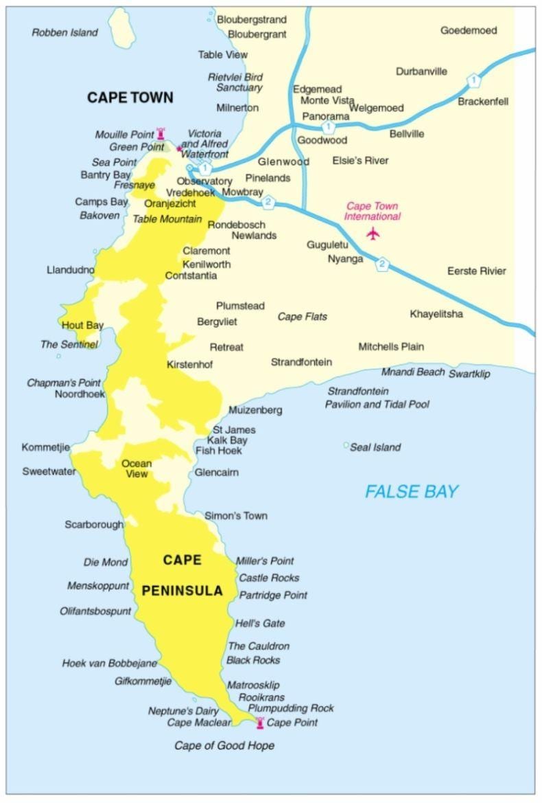 Cape Town polotoku zemljevid