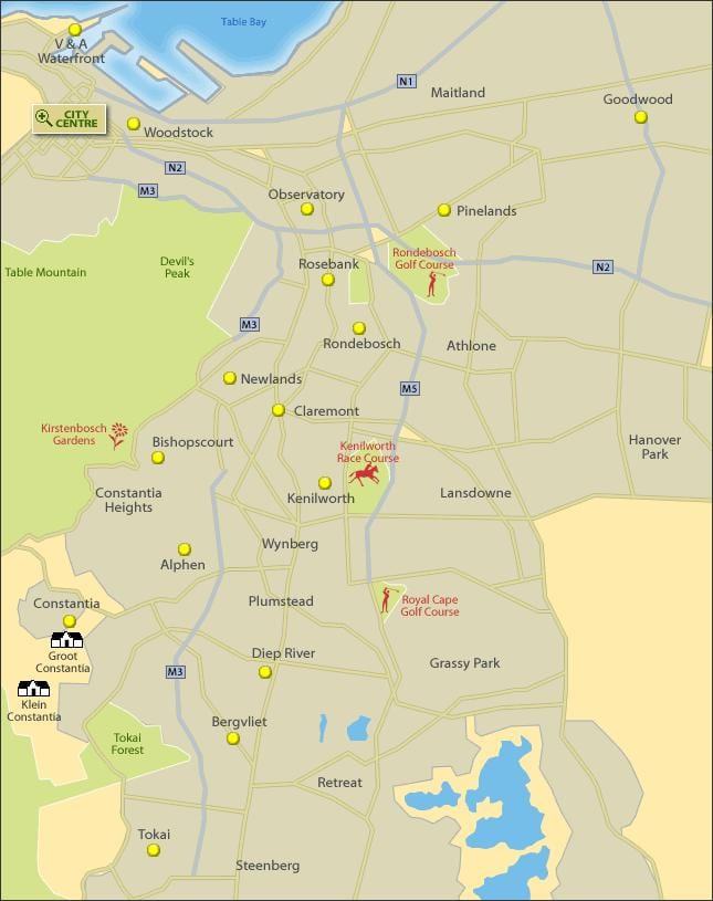 zemljevid Cape Town južnem predmestju