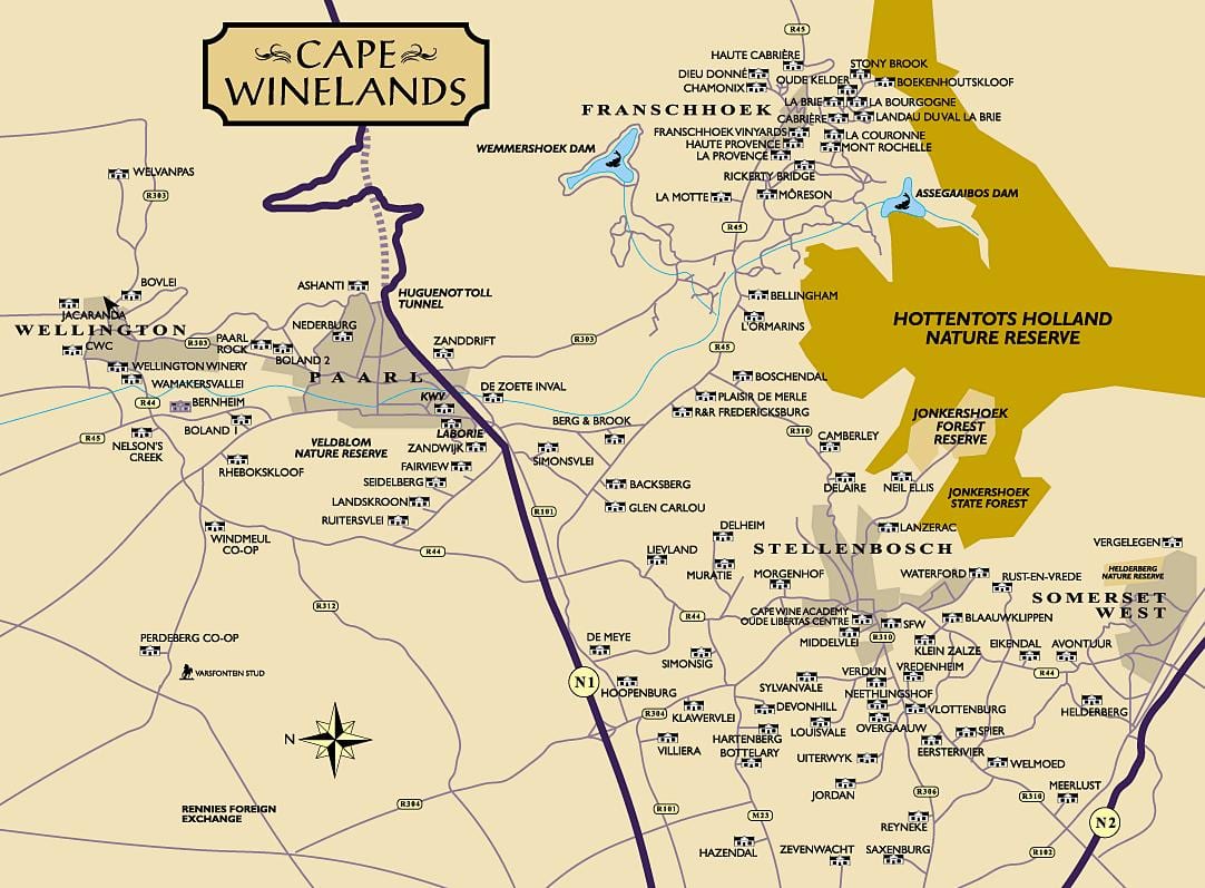 zemljevid winelands Cape Town