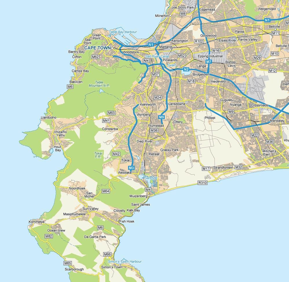 zemljevid diep reke Cape Town