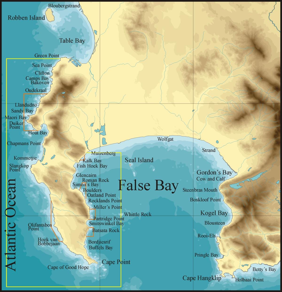 zemljevid false bay Cape Town
