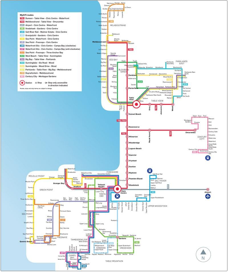 Cape Town myciti avtobus poti zemljevid
